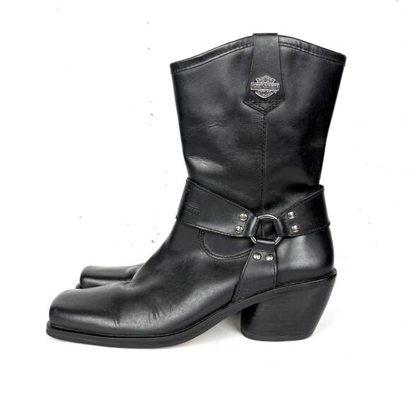 Harley Davidson Vintage Square Toe Harness Boots Cuban Heel Black Logo Size 8 - Picture 11 of 13